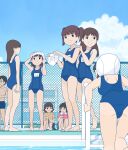  1boy 6+girls absurdres arm_on_another's_shoulder black_hair blue_one-piece_swimsuit blue_shorts blue_sky brown_hair cloud commentary_request highres kiyo_(kyokyo1220) looking_at_another multiple_girls name_tag old_school_swimsuit one-piece_swimsuit orange_shirt original panties pink_shirt pool pool_ladder school_swimsuit shirt short_hair shorts sky swim_cap swimsuit translation_request twintails underwear unworn_swim_cap water white_panties 
