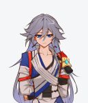  absurdres arms_behind_back blue_eyes chinese_clothes chinese_commentary commentary_request disembodied_hand expressionless fu_hua fu_hua_(phoenix) fu_hua_(taixuan_impression) grey_hair hair_between_eyes highres honkai_(series) honkai_impact_3rd long_hair nanguatudou_dunpaigu very_long_hair white_background 