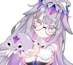  1girl :3 absurdres commentary crown crystal crystal_hair_ornament glasses grey_hair highres holding hololive hololive_english koseki_bijou long_hair nail_polish omeberry pebble_(koseki_bijou) purple_nails round_eyewear simple_background solo sparkling_eyes virtual_youtuber white_background 