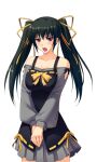  1girl angry bare_shoulders black_hair blush breasts casual cleavage fuuki_iinchou_seira game_asset hair_ribbon ishigaki_takashi large_breasts large_variant_set long_hair looking_at_viewer non-web_source official_art open_mouth own_hands_together pleated_skirt purple_eyes ribbon ribbon_trim saotome_seira self-datamine simple_background skirt solo tachi-e transparent_background twintails v_arms variant_set 
