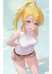  1girl absurdres arms_behind_back ayase_eli belt blonde_hair blue_eyes blue_sky border breasts brown_belt chain chain_necklace commentary_request highres jewelry kobassy leaning_forward looking_at_viewer love_live! love_live!_school_idol_project necklace open_mouth ponytail seaside shorts sky sleeveless solo white_border 