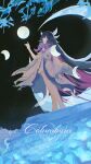  1girl absurdly_long_hair absurdres bare_shoulders black_hair blue_flower character_name closed_eyes colored_inner_hair columbina_(genshin_impact) commentary crescent dress eye_mask flower genshin_impact hair_ribbon hand_up head_wings highres kaera long_hair making-of_available mask moon moon_phases multicolored_hair parted_lips purple_hair ribbon sky solo standing star_(sky) starry_sky two-tone_hair very_long_hair white_dress white_ribbon white_wings wings 