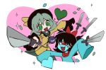  2girls aqua_(deltarune) aqua_dress aqua_skin black_hair black_hat blouse blush_stickers bow buttons colored_skin crossover cyan_soul_(utdr) deltarune diamond_button disembodied_linked_eye dress east-west_crossover eyeball falling_petals fang frilled_shirt_collar frilled_sleeves frills green_eyes green_hair green_petals green_skirt green_soul_(utdr) hat hat_bow hat_ribbon heart heart_of_string highres holding holding_knife knife komeiji_koishi looking_at_viewer multiple_girls one-eyed ooodeum petals red_bow red_eyes red_scarf ribbon scarf sharp_teeth shirt short_hair short_twintails skirt sleeves_past_wrists soul_(utdr) sparkle teeth touhou twintails utdr_(toby_fox) white_background wide_sleeves yellow_bow yellow_ribbon yellow_shirt 