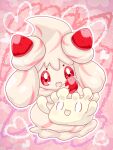  alcremie alcremie_(strawberry_sweet) commentary_request evolutionary_line food fruit full_body heart milcery no_humans open_mouth outline pink_background pokemon pokemon_(creature) red_eyes runachikku strawberry white_outline 