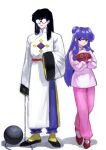  1boy 1girl absurdres ball_and_chain_(weapon) black_hair bow chinese_clothes commentary_request crossed_arms glasses hair_bow highres ideyk1 long_hair mousse_(ranma_1/2) pants pink_pants purple_hair ranma_1/2 shampoo_(ranma_1/2) simple_background weapon white_background white_bow wide_sleeves 