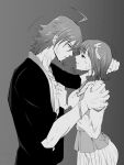  1boy 1girl after_kiss ahoge amagase_touma amami_haruka commentary_request eye_contact face-to-face from_side greyscale hand_on_another's_shoulder hetero highres idolmaster idolmaster_(classic) idolmaster_side-m jacket looking_at_another monochrome pinnmoku profile saliva saliva_trail short_hair standing 
