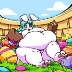  belly big_belly big_breasts blush breasts candy chocolate egg female food green_eyes green_hair hair lagomorph mammal overweight rabbit smile w-oo-t weight_gain 
