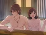  1boy 1girl :d amagase_touma amami_haruka averting_eyes breasts brown_hair commentary_request green_eyes highres idolmaster idolmaster_(classic) idolmaster_side-m large_breasts looking_at_viewer mixed-sex_bathing naked_towel no_hair_bow no_nipples onsen open_mouth pinnmoku red_eyes shared_bathing short_hair side-by-side smile sweatdrop towel 