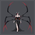  1girl arachne_(cslucaris) arthropod_girl arthropod_limbs bare_back black_dress black_hair black_nails black_sclera black_shoes breasts character_profile cleavage cleavage_cutout clothing_cutout collar colored_sclera commentary cslucaris dress english_commentary english_text head_wreath high_heels highres jewelry large_breasts long_hair mature_female monster_girl multicolored_hair multiple_rings original red_eyes red_streaks ring shoes spider_girl streaked_hair 