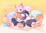  2boys :3 animal_ear_fluff animal_ears animal_feet animal_hands barefoot black_pants blanket blue_eyes blush bright_pupils brown_fur cat_boy cat_ears cat_tail claws commentary_request commission couple eyewear_on_head full_body furry furry_male furry_with_furry glasses headpat highres hood hood_down hoodie lap_pillow lying male_focus multiple_boys musical_note original pants pawpads pillow purple_fur skeb_commission smile snout tail translation_request uyutan whiskers white_pupils yaoi 