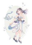  1girl akari_(pokemon) akari_(summer_2026)_(pokemon) antennae bare_shoulders belt black_hair blue_dress blue_eyes breasts bubble closed_mouth commentary dress gold_belt gold_choker gold_collar gradient_clothes gradient_dress high-waist_belt layered_dress long_hair manaphy official_alternate_costume open_mouth pokemon pokemon_(creature) pokemon_masters_ex ponytail ryokuno_green shoes sidelocks small_breasts smile strapless strapless_dress untranslatable_commentary veil white_veil 