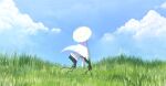  1girl alma_(crippling_mark) blue_archive blue_sky cloud commentary day facing_ahead from_behind grass halo hat highres large_hat long_hair malkuth_(blue_archive) outdoors sky sleeves_past_fingers sleeves_past_wrists solo untranslatable_commentary very_long_hair walking white_hair white_hat yellow_halo 