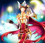  1boy armor belt breastplate brown_belt brown_hair brown_shirt cape commentary cowboy_shot crescent_moon cross_of_prontera eyes_visible_through_hair gauntlets green_eyes hair_over_one_eye highres huahafafa leg_armor long_bangs looking_at_viewer male_focus moon open_mouth pauldrons ragnarok_online red_cape red_tabard rune_knight_(ragnarok_online) shirt short_hair shoulder_armor sleeveless sleeveless_shirt smile solo spiked_pauldrons spikes star_(sky) star_(symbol) tabard torn_cape torn_clothes visor_(armor) 