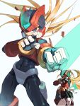 1boy abs android armor black_eyes blonde_hair commentary_request cowboy_shot dynamic_pose energy_sword forehead_jewel helmet highres holding holding_sword holding_weapon holster long_hair male_focus mega_man_(series) mega_man_zero_(series) multiple_views omochi_(mochi_skymega) red_armor red_helmet simple_background solo_focus sword thigh_holster weapon white_background z_saber zero(z)_(mega_man) zero_(mega_man) 