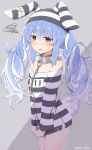  1girl ama_(ama_ekaku) animal_ears artist_name bare_shoulders black_hat black_shirt blue_hair blush braid chain choppy_bangs collar commentary_request cowboy_shot dot_nose from_side furrowed_brow grey_background hair_between_eyes hat highres hikimayu hololive light_frown long_hair long_shirt looking_at_viewer loose_hair_strand messy_hair metal_collar multicolored_hair no_pants official_alternate_costume official_alternate_hairstyle orange_eyes parted_lips prison_clothes prisoner pulling_own_clothes rabbit-shaped_pupils rabbit_ears rabbit_girl rabbit_tail safety_pin shadow shirt short_eyebrows sidelocks simple_background solo squiggle striped_clothes striped_headwear striped_shirt symbol-shaped_pupils tail tearing_up thick_eyebrows torn_clothes torn_shirt twin_braids twitter_username two-tone_background two-tone_hair two-tone_hat two-tone_shirt usada_pekora usada_pekora_(prisoner) virtual_youtuber white_hair white_hat white_shirt 