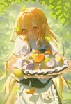  1girl absurdres apron black_hat black_skirt black_vest black_wrist_cuffs blonde_hair blush bow braid commentary day falling_leaves frilled_wrist_cuffs frills grin hair_between_eyes hair_bow hat hat_basket highres holding holding_unworn_clothes holding_unworn_hat kirisame_marisa leaf lifejam_403 long_hair looking_at_viewer mushroom side_braid single_braid skirt smile solo touhou untranslatable_commentary unworn_hat unworn_headwear very_long_hair vest waist_apron white_apron witch_hat wrist_cuffs yellow_eyes 