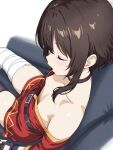  1girl absurdres asymmetrical_legwear bandaged_leg bandages breasts brown_hair choker closed_eyes collarbone commentary_request couch downblouse dress fingerless_gloves gloves highres kono_subarashii_sekai_ni_shukufuku_wo! maru_(asroc7233) megumin mismatched_legwear nipples off-shoulder_dress off_shoulder on_couch one_breast_out red_dress short_hair_with_long_locks single_thighhigh sleeping sleeping_upright small_breasts textless_version thighhighs 
