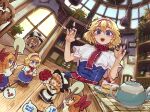  2girls against_glass against_window alice_margatroid black_vest blonde_hair blue_dress blue_eyes book bouquet bow capelet character_doll commentary_request confession day doll dress flower food food_request frilled_hairband frills fruit hair_between_eyes hairband hat hat_bow highres holding holding_bouquet indoors jewelry kaden_(muxt8423) kirisame_marisa multiple_girls open_mouth plant plate potted_plant puppet_rings puppet_strings red_flower red_hairband red_rose red_sash ring rose sash shaded_face shanghai_doll shelf smile speech_bubble strawberry strawberry_slice sweat table teapot touhou translation_request vest waist_sash white_bow white_capelet window witch_hat yuri 