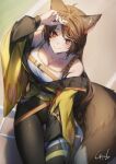 1girl ahoge animal_ears artist_name bare_shoulders black_pants braid breasts brown_eyes brown_hair brown_tail chest_belt cleavage closed_mouth collarbone commentary day fox_ears fox_girl fox_tail fumi_(nijisanji) fumi_(orihimeboshi)_(nijisanji) genyaky grey_tank_top highres hurdle jacket jacket_partially_removed large_breasts long_sleeves looking_at_viewer nail_polish nijisanji off_shoulder outdoors pants running_track signature sitting smile solo sweat tail tank_top two-sided_fabric two-sided_jacket virtual_youtuber yellow_jacket yellow_nails 