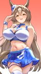  1girl absurdres animal_ears bare_shoulders blue_choker blue_necktie blue_skirt blush boots breasts brown_eyes brown_hair choker cleavage commentary_request crop_top dixie_cup_hat ears_through_headwear hair_between_eyes hat highres horse_ears horse_girl horse_tail large_breasts long_hair midriff military_hat multicolored_hair navel necktie open_mouth p1_fcoyaa pacific_racing_team race_queen satono_diamond_(umamusume) skirt smile solo sports_bra streaked_hair tail thigh_boots umamusume very_long_hair white_sports_bra wristband 