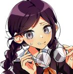  1girl blush braid collared_shirt commentary danganronpa:_trigger_happy_havoc danganronpa_(series) eyelashes fukawa_toko glasses holding holding_removed_eyewear long_hair mole mole_under_mouth neckerchief purple_eyes purple_hair purple_shirt red_neckerchief round_eyewear sailor_collar shirt simple_background solo sweatdrop twin_braids twintails unworn_eyewear user_hmff3223 white-framed_eyewear white_background white_sailor_collar 