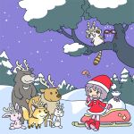  1girl animal animal_request antlers bear boots chibi christmas commentary_request dress fox fur-trimmed_dress fur-trimmed_headwear fur_trim glasses gloves grey_eyes grey_hair hat horns kabiinyo_(kab) night open_mouth original outdoors pantyhose pink_gloves pink_pantyhose pointing pointing_at_self purple_sky rabbit raccoon red-framed_eyewear red_boots red_dress red_hat reindeer reindeer_antlers santa_costume santa_hat shoe_soles sky snow star_(symbol) tree unworn_eyewear 