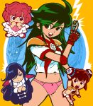  4girls armor artist_request between_fingers black_cape black_eyes black_hair braid braided_base brown_hair bun_with_braided_base cape chibi china_dress chinese_clothes closed_mouth double_bun dragon dress eastern_dragon green_hair hair_bun hair_over_one_eye holding holding_mahjong_tile janou_kage kujaku_himeko lightning_bolt_symbol long_hair lowres mahjong_tile multiple_girls nan_nyannyan navel neckerchief no_pants oekaki one_eye_covered open_mouth orange_dress panties pauldrons pink_panties pink_shirt red_hair red_neckerchief ryuuko_(sukeban_jansi_ryuko) second-party_source shirt short_hair shoulder_armor skirt smile socks standing sukeban_jansi_ryuko tearing_up teeth underwear upper_teeth_only v-shaped_eyebrows white_shirt white_skirt white_socks wristband 