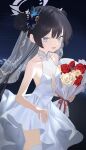  1girl absurdres alternate_costume bare_arms black_hair blue_archive breasts bridal_veil chinese_commentary collarbone commentary_request cowboy_shot daishu_yuzishi double_bun dress flower from_side garter_straps grey_eyes grey_halo hair_bun halo highres holding holding_flower holding_own_dress kisaki_(blue_archive) long_hair looking_at_viewer night open_mouth ring_of_light_(blue_archive) see-through_cleavage see-through_clothes small_breasts solo thighhighs twintails veil wedding wedding_dress white_dress white_thighhighs 