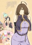  1boy 1other 3girls :d ahoge angry aqua_(konosuba) bare_shoulders black_hair breasts brown_hair child closed_mouth commentary_request doll dress eye_mask hair_ornament hair_over_one_eye happy highres holding izawa_(bhive003) kono_subarashii_sekai_ni_shukufuku_wo! large_breasts looking_back mask medium_hair multiple_girls shirt smile teeth translation_request vanir vest wiz_(konosuba) 