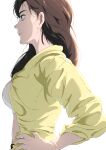  1girl absurdres big_chunger blue_eyes brown_hair commentary highres long_hair looking_ahead midriff nico_robin one_piece one_piece_heroines pink_lips profile shirt simple_background solo white_background yellow_shirt 