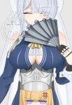  2girls anger_vein angry ascot bare_shoulders blonde_hair blue_dress breasts cleavage_cutout closed_eyes closed_mouth clothing_cutout detached_sleeves dress earrings folding_fan grey_background grey_hair grey_hat grey_helmet hair_over_one_eye hand_fan hat helmet highres holding holding_fan jewelry kasutera0795 large_breasts large_hat long_hair looking_at_another looking_at_viewer mole mole_under_mouth multiple_girls norma_hollowell pointy_ears purple_eyes shako_cap shoulder_cutout simple_background smile velina_airgid watermark yellow_ascot zenless_zone_zero 