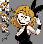  1girl bare_shoulders black_bow black_eyes black_tank_top blonde_hair blush bob_cut bow breasts bright_pupils cleavage close-up collarbone commentary cuckoo_gesture derivative_work derpina emoji english_commentary english_text grey_background hair_behind_ear hair_bow highres index_finger_raised large_breasts light_blush looking_at_viewer notice_lines open_mouth peargor pointing pointing_at_self portrait rage_comic raised_eyebrow redrawn reference_inset short_hair simple_background small_breasts smile smirk solo swept_bangs tank_top teeth upper_teeth_only white_pupils wristband 