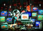  1girl absurdres black_hair black_shirt commentary controller crt english_commentary fish fish_food head_rest helmet highres long_hair myango_(applemangocrape) original remote_control shirt short_sleeves sitting solo space_helmet t-shirt table television wariza 