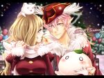  1boy 1girl adapted_costume animal_on_head arch_bishop_(ragnarok_online) balloon blonde_hair blue_eyes breasts buttons cat cat_on_head christmas closed_mouth commentary dress flower flower_in_mouth food fur-trimmed_sleeves fur_trim green_eyes hair_between_eyes huahafafa letterboxed long_bangs long_hair long_sleeves looking_at_another medium_breasts merry_christmas mochi night on_head outdoors pink_eyes pink_hair pointy_ears purple_sky ragnarok_online red_dress red_shirt shirt short_hair sky smile snow snowing sura_(ragnarok_online) upper_body white_cat 