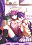  >_< 2girls :3 absurdres alternate_costume alternate_hair_color animal_ear_hairband animal_ears aubrey_(faraway)_(omori) aubrey_(omori) black_hairband black_socks blue_eyes blue_shorts bracelet bright_pupils cat_ear_hairband cat_ears cellphone collarbone cup double-parted_bangs drinking_straw drinking_straw_in_mouth fake_animal_ears hair_behind_ear hair_between_eyes hairband highres holding holding_cup holding_phone indoors jewelry kneehighs mari_(faraway)_(omori) mari_(omori) mewo multiple_girls omori phone pink_hair purple_hair purple_thighhighs rabbit_ear_hairband rabbit_ears short_sleeves shorts sidelocks smartphone socks striped_clothes striped_thighhighs thighhighs white_hairband white_pupils x3 zhentan10806 