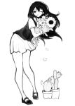 1girl bright_pupils cactus chiozi collared_shirt commentary double-parted_bangs flower flower_pot greyscale hair_between_eyes highres holding holding_flower leaning_forward long_hair looking_at_viewer mari_(headspace)_(omori) mari_(omori) mary_janes monochrome omori one_eye_closed open_mouth plant potted_plant rose shirt shoes short_sleeves simple_background skirt smile solo sunflower sweater_vest 