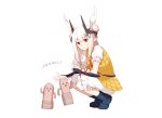  1girl alternate_costume arknights armor armored_dress black_horns blue_boots boots chargepro chinese_commentary commentary_request cosplay demon_horns double_bun dress english_text grey_hair hair_bun haniwa_(statue) highres horns joutouguu_mayumi joutouguu_mayumi_(cosplay) long_hair looking_at_viewer mudrock_(arknights) pants pointy_ears puffy_short_sleeves puffy_sleeves red_eyes ribbon shirt short_sleeves simple_background solo squatting touhou vambraces white_background white_pants white_ribbon white_shirt yellow_dress 