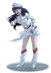  1girl absurdres bambietta_basterbine bleach bleach:_sennen_kessen-hen boots breasts commentary dress full_body gloves hat highres holding holding_sword holding_weapon knee_boots leaning_forward long_hair medium_breasts open_mouth pleated_dress purple_eyes purple_hair short_dress smile solo sonzhondaya sword wandenreich_uniform weapon white_boots white_dress white_gloves white_hat 