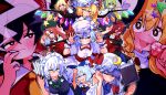  6+girls absurdres ascot bat_wings beret between_fingers black_vest blonde_hair blue_bow blue_dress blue_eyes blue_hair blush book bow bowtie braid breasts bright_pupils cigarette cirno closed_mouth collared_shirt commentary crescent crescent_hat_ornament crystal crystal_wings daiyousei demon_wings double_v dress drooling embodiment_of_scarlet_devil fairy fairy_wings fangs flandre_scarlet frilled_hair_tubes frilled_shirt_collar frilled_wrist_cuffs frills glint gram_9 green_bow green_hair green_hat green_vest grey_hair hair_between_eyes hair_bow hair_ribbon hair_tubes hakurei_reimu hat hat_bow hat_ornament hat_ribbon head_wings highres holding holding_cigarette holding_knife holding_mushroom hong_meiling ice ice_wings izayoi_sakuya kirisame_marisa knife knives_between_fingers koakuma large_breasts leaning_forward long_hair long_sleeves looking_at_viewer maid maid_headdress mob_cap multicolored_wings multiple_girls mushroom neck_ribbon one_side_up open_book open_mouth patchouli_knowledge phallic_symbol pinafore_dress pink_hat pink_shirt pink_skirt puffy_short_sleeves puffy_sleeves purple_eyes purple_hair red_bow red_bowtie red_eyes red_hair red_ribbon red_wrist_cuffs remilia_scarlet ribbon rumia sexually_suggestive shirt short_sleeves side_braid single_braid skin_fangs skirt skirt_set sleeveless sleeveless_dress smile smoke smoking snowflakes star-shaped_pupils star_(symbol) star_hat_ornament symbol-shaped_pupils touhou twin_braids v vest white_bow white_dress white_hat white_pupils white_shirt wings witch_hat wrist_cuffs yellow_ascot yellow_bow 