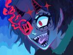  1girl black_clover black_hair blue_background commentary demon_horns english_commentary facial_mark flaming_eye highres horns looking_ahead mixed-language_commentary nissie_what open_mouth red_eyes sharp_teeth short_hair smile solo sparkle teeth vanica_zogratis wide-eyed 