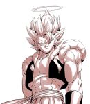  1boy abs amayuki318 angry belt biceps collarbone commentary dragon_ball dragon_ball_z from_below gogeta halo highres large_pectorals male_focus metamoran_vest midriff monochrome muscular muscular_male open_clothes pectorals sash serious simple_background solo spiked_hair super_saiyan super_saiyan_1 traditional_halo upper_body white_background wristband 