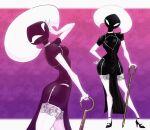  1girl abs black_dress border breasts cane choker cleavage dress elbow_gloves gloves high_heels holding holding_cane hollow_knight hollow_knight:_silksong lace_(hollow_knight) no_mouth no_nose no_pupils pin pink_background solo spacemaxmarine thighhighs toned white_border white_choker white_eyes white_gloves white_thighhighs 