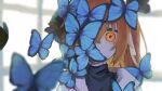  1girl a.i._voice adachi_rei blue_butterfly bug butterfly butterfly_over_eye commentary_request highres looking_at_viewer one_eye_covered orange_eyes orange_hair pepanini solo utau 