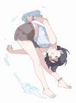  1girl anklet barefoot bent_over black_hair blue_eyes bracelet brown_shorts carnivalaki feet full_body highres holding jewelry legs looking_at_viewer midriff midriff_peek opus:_prism_peak ren_(opus) sandals shirt shoes short_hair shorts simple_background smile soles solo tank_top teeth toes water white_background 