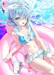  1girl absurdres aqua_scrunchie arm_support arona_(blue_archive) bikini blue_archive blue_bikini blue_eyes blue_hair blue_halo blush bow bow_bikini bow_hairband braid breasts cellphone cellphone_charm charm_(object) cleavage commentary eyes_visible_through_hair feet_out_of_frame fingernails flamingo_innertube frilled_bikini frills hair_over_one_eye hairband halo hand_on_own_thigh highres innertube long_bangs looking_at_viewer medium_hair nail_polish navel on_innertube open_mouth parted_bangs phone pink_nails sailor_bikini sailor_collar scrunchie side-tie_bikini_bottom small_breasts smartphone smile solo stomach striped_bikini striped_clothes swim_ring swimsuit twin_braids water water_drop wet wet_hair white_bow white_hairband white_sailor_collar wrist_scrunchie yerim 