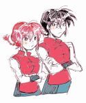  1boy 1girl black_hair braid character_and_genderswap chinese_clothes crossed_arms english_commentary frown lichirin ranma_1/2 red_hair saotome_ranma saotome_ranma_(female) saotome_ranma_(male) single_braid sleeveless tangzhuang 