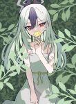  1girl absurdres bare_arms black_hair black_horns blue_archive collarbone colored_inner_hair commentary_request covering_own_mouth demon_horns dress flower flower_over_mouth gerbera gouyoku_(greeding043) green_hair hair_between_eyes halo hand_up highres holding holding_flower horns kayoko_(blue_archive) kayoko_(sundress)_(blue_archive) leaf leaf_background long_hair looking_at_viewer mole mole_on_neck multicolored_hair official_alternate_costume plant red_eyes solo spaghetti_strap two-tone_hair upper_body white_dress white_hair yellow_flower 
