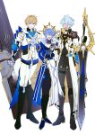  3boys antenna_hair arm_behind_back armor artist_name belt black_boots black_choker black_gloves black_pants black_shirt black_sweater blonde_hair blue_cape blue_eyes blue_hair blue_jacket book boots brown_belt cape chest_belt choker closed_eyes closed_mouth coat commentary crossed_bangs dawnmaker_(honkai:_star_rail) earrings feathered_wings fingerless_gloves full_body fur-trimmed_jacket fur_trim gauntlets gepard_landau gloves gold_earrings hair_between_eyes half-closed_eyes halo halo_behind_head hand_up head_wings highres holding holding_book holding_sword holding_weapon honkai:_star_rail honkai_(series) jacket jewelry long_sleeves looking_at_viewer male_focus multicolored_jacket multiple_boys neck_tattoo open_mouth pants phainon_(honkai:_star_rail) purple_shirt sakae_0_0 scarf shirt short_hair shoulder_armor sidelocks simple_background single_glove smile standing sun_symbol sun_tattoo sunday_(honkai:_star_rail) sweater sword tattoo teeth thigh_strap turtleneck turtleneck_shirt turtleneck_sweater two-tone_jacket untranslatable_commentary v-shaped_eyebrows weapon white_background white_coat white_jacket white_pants white_scarf wide_sleeves wings yellow_cape 