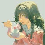  1girl absurdres cake eating food fork green_hair grey_background hairband highres holding holding_food holding_fork jyn_(jyn_ixix) kaoru_hana_wa_rin_to_saku kikyo_private_academy_school_uniform long_hair long_sleeves looking_at_viewer looking_to_the_side open_mouth overlighting pink_shirt purple_eyes sailor_collar sailor_shirt school_uniform shirt sideways_glance simple_background sketch solo upper_body waguri_kaoruko white_sailor_collar 