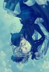  1boy 1girl air_bubble ass beanie black_dress black_eyes black_gloves black_hat black_jacket black_pants blue_background blue_pants brown_hair bubble buttons candy candy_cigarette collared_shirt colored_petticoat commentary_request contrast_collar danganronpa_(series) danganronpa_v3:_killing_harmony dress expressionless eye_contact face-to-face falling food food_in_mouth frilled_dress frilled_shirt_collar frilled_sleeves frills gloves green_eyes grey_hair half-closed_eyes hand_on_another's_shoulder hat height_difference hetero highres hoshi_ryoma jacket leather leather_jacket long_dress long_sleeves looking_at_another o-ring pants petticoat pinafore_dress pleated_dress prison_clothes shirt shiruko_(mikan4649) short_hair short_male sleeveless sleeveless_dress sleeves_past_wrists striped_clothes striped_pants tojo_kirumi two-tone_pants underwater white_shirt 